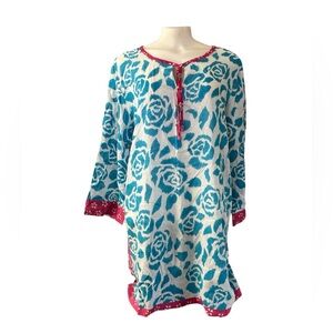 Nomadic Traders Blue White Floral Beach Cover Up Tunic Top Resortwear L